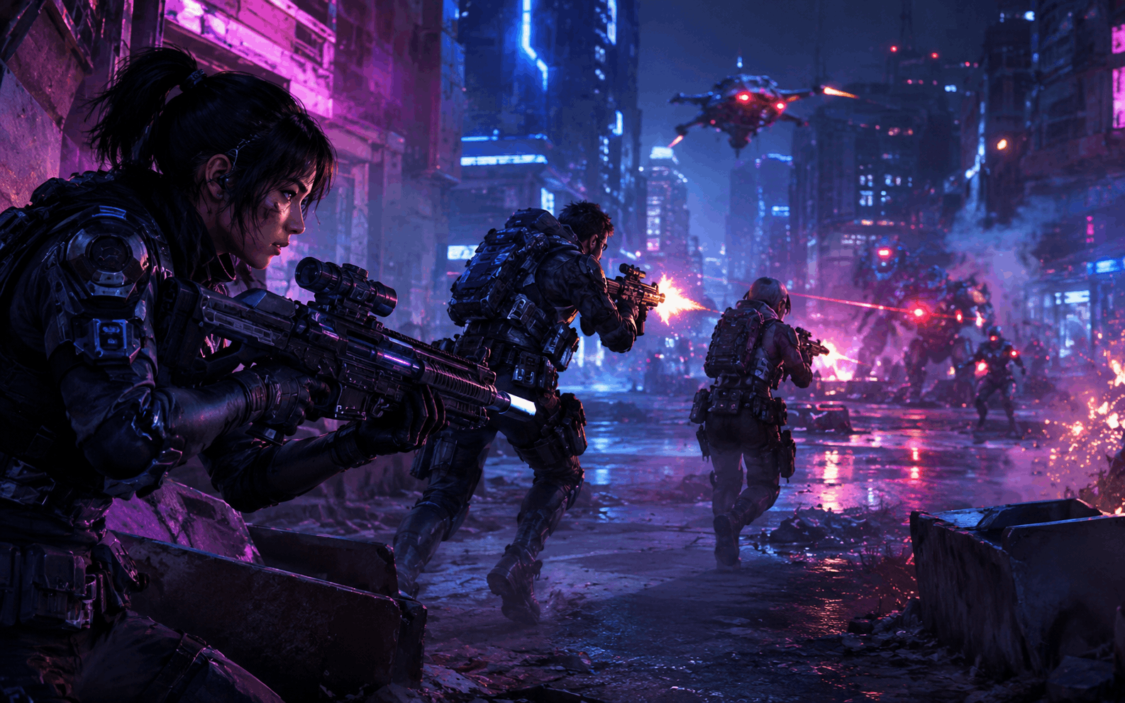 Escadră futuristă într-un shooter cooperativ cu lumini neon