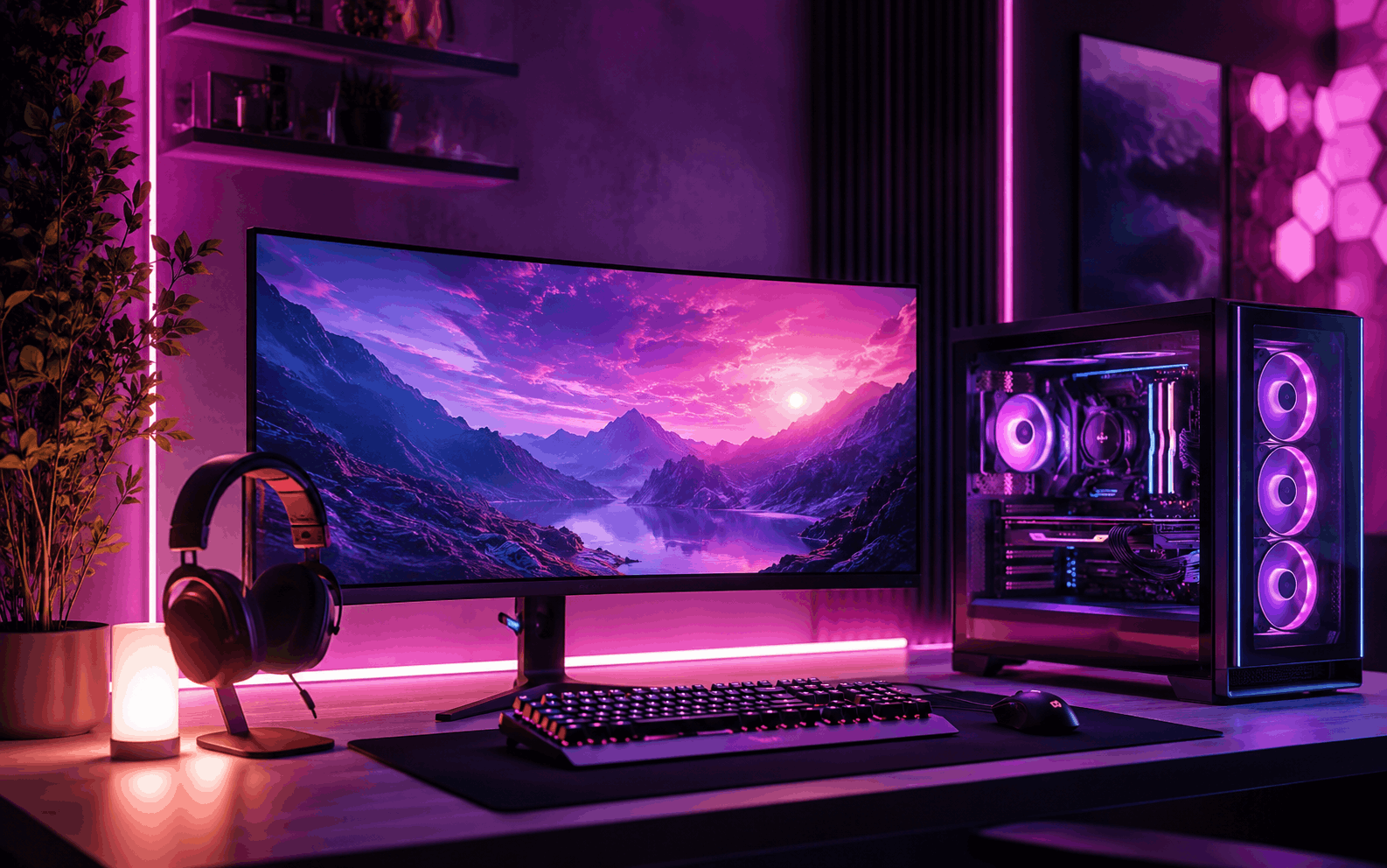 Desk setup gaming premium cu PC RGB și monitor ultrawide