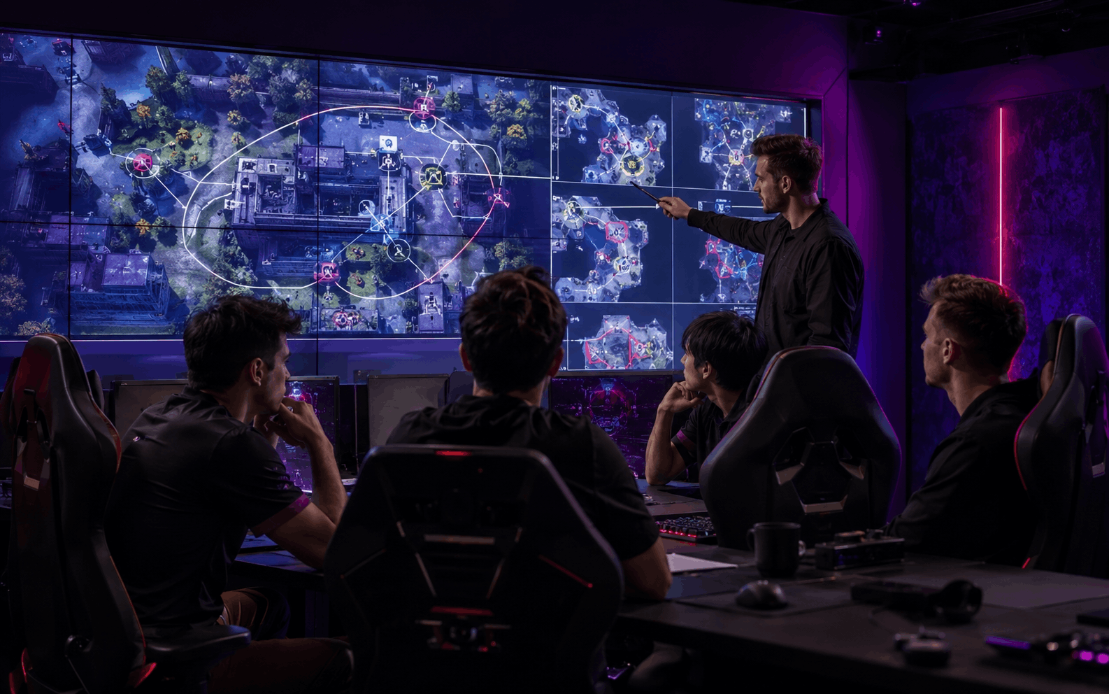 Echipă esports într-o cameră de strategie, cu hărți și overlay-uri pe un ecran mare