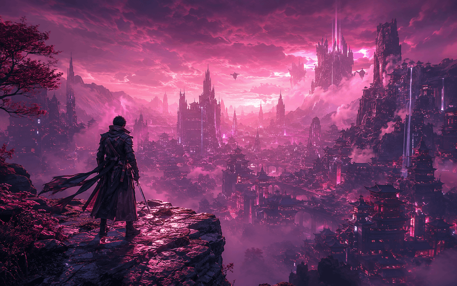 Personaj pe marginea unei stânci privind un oraș fantasy cyberpunk